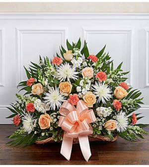 Thoughts and Prayers™ Peach, Orange & White Fireside Basket Flower Bouquet