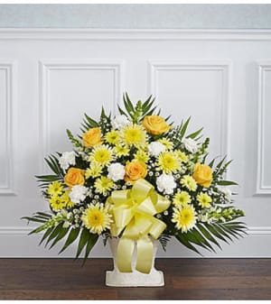 Heartfelt Tribute Yellow Floor Basket Flower Bouquet