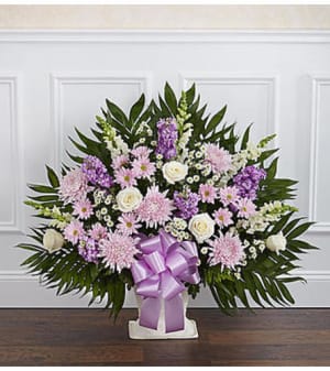 Heartfelt Tribute Lavender & White Floor Basket Flower Bouquet