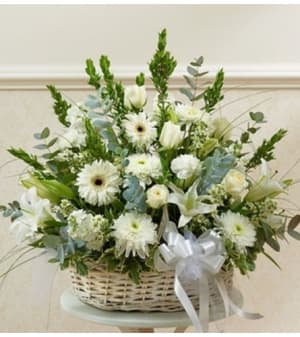 White Sympathy Arrangement in Basket Flower Bouquet