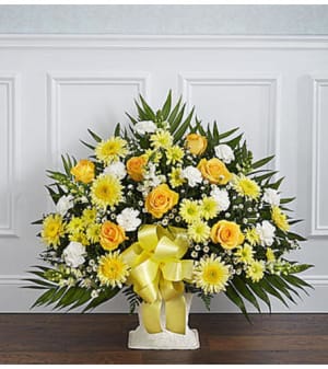 Heartfelt Tribute Yellow Floor Basket Flower Bouquet