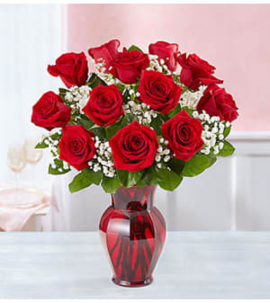 Blooming Love™ Red Roses in Red Vase Flower Bouquet