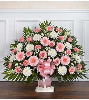 Heartfelt Tribute Pink & White Floor Basket Flower Bouquet