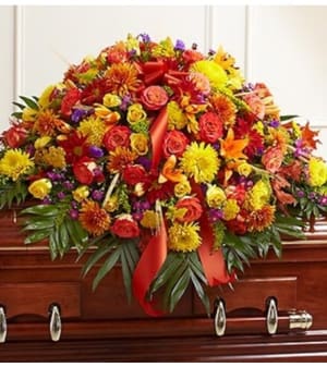 Half Casket Cover in Fall Colors Flower Bouquet