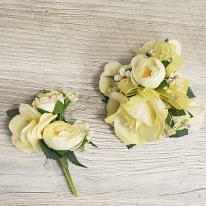 SILK Soft Yellow Prom Corsage and Boutonniere Set Flower Bouquet