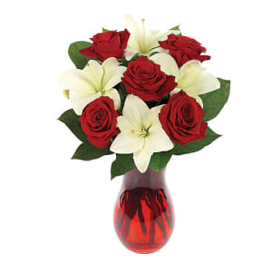 Classic Red Roses and White Lily Vased Flower Bouquet