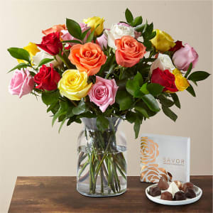 One Dozen Assorted Roses with Glass Vase and Box of Chocolates Flower Bouquet