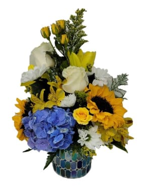 Blue Mosaic Sunset Flower Arrangement Blue Mosaic Sunset Flower Bouquet