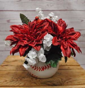 Baseball Planter with Silk (Artificial) Flowers and Cardinal Flower Bouquet