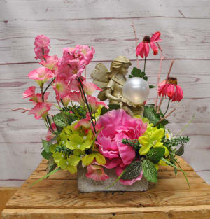 Pink Silk (Artificial) Garden with Solar Fairy Statue Flower Bouquet