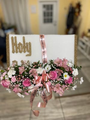 Holy Bible Form with Bookmark Ribbon & Floral Garland Flower Bouquet