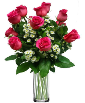 Long Stem Hot Pink Roses Flower Bouquet