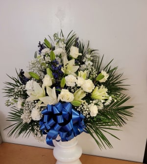 Blue & White  Peaceful Floor Basket Flower Bouquet