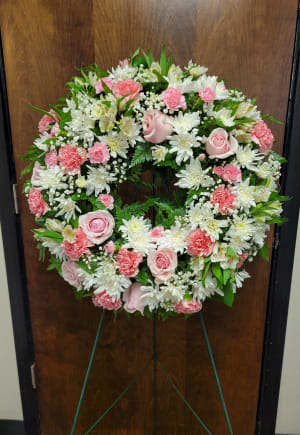 Sentimental Pink and White Standing Wreath Sympathy Flower Bouquet