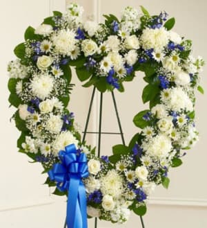 Always Remember Blue & White Floral Heart Tribute Flower Bouquet