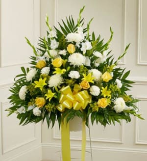 Heartfelt Sympathies Yellow Standing Basket Flower Bouquet