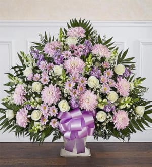 Heartfelt Tribute Floor Basket- Lavender & White Flower Bouquet