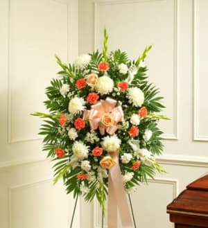 Deepest Sympathy Standing Spray-Peach/Orange/White Flower Bouquet