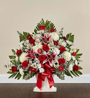 Red Rose and Lily Floor Basket Flower Bouquet