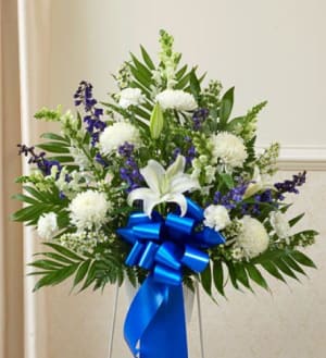 Heartfelt Sympathies Blue & White Standing Basket Flower Bouquet