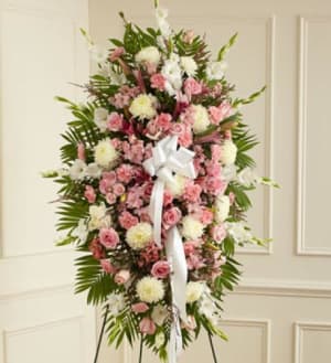 Deepest Sympathies Standing Spray-Pink  & White Flower Bouquet