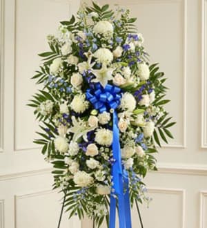 Deepest Sympathies Blue & White Standing Spray Flower Bouquet