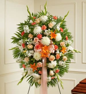 Deepest Sympathy Standing Spray-Peach/Orange/White Flower Bouquet