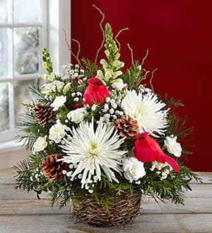 Winter Songbird In Basket Flower Bouquet