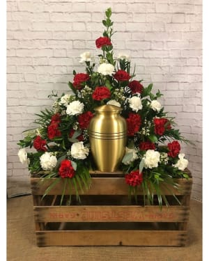Red and White Cremation Setting Flower Bouquet