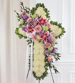 Peace & Prayers™ Standing Cross- Pastel Flower Bouquet