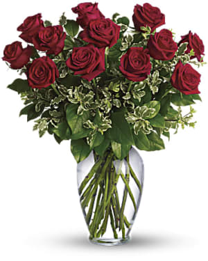 Dozen Red Roses in Vase Flower Bouquet