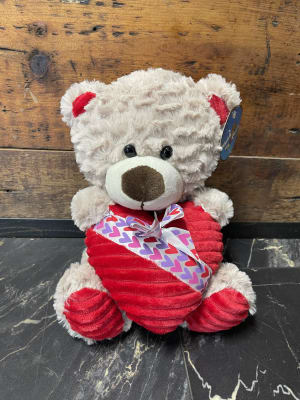 Grey Bear with Red Heart Flower Bouquet