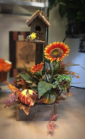 Fall Birdhouse with Silk (Artificial)  Flowers Flower Bouquet