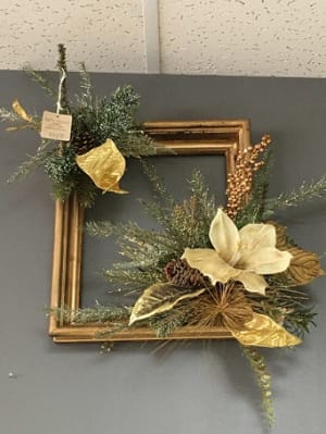 A Golden Holiday Picture Frame with Silk Accents Flower Bouquet