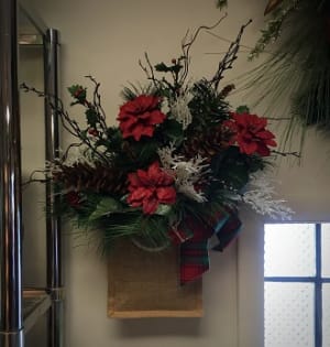 Burlap Bag Wall Pocket with Poinsettias Flower Bouquet