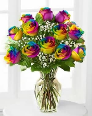 2/11-2/14 ONLY Valentine's Day Exclusive Premium Long- Stemmed, Rainbow Roses In Clear Vase Flower Bouquet