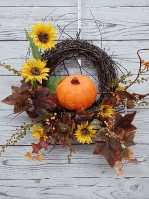 Fall Silk (Artificial) Wreath with Sunflowers and Pumpkin Flower Bouquet