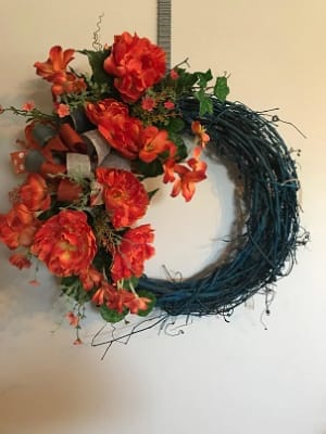 Orange You Glad? Teal and Orange Silk (Artificial) Grapevine Wreath Flower Bouquet