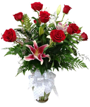 12 Long Stem, Red Roses with Stargazer Lilies R-1708 Flower Bouquet