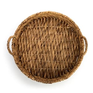 Round Wicker Basket with Leather Patch Flower Bouquet