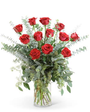 Red Roses with Eucalyptus Foliage (12) Flower Bouquet