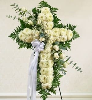 White Cross with White Roses Flower Bouquet