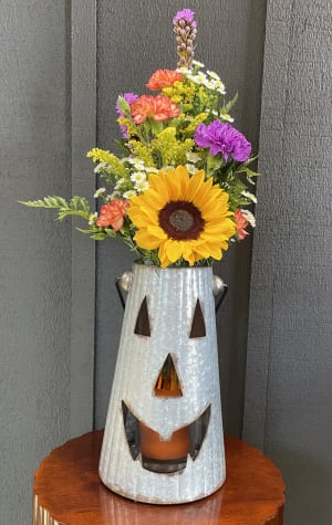 Pumpkin Lantern - Fall Arrangement Galvanized Flower Bouquet