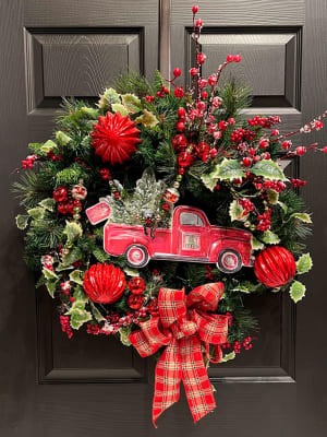 Christmas Wreath with Old Red Truck Flower Bouquet