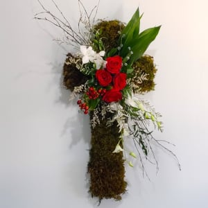 Faith and Glory Mossy Cross Easel spray Flower Bouquet