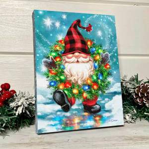 Gnome for the Holidays - Lighted Tabletop Canvas 8x6 Flower Bouquet