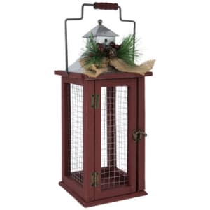 16" Red Chicken Wire & Pine Wood Lantern Flower Bouquet