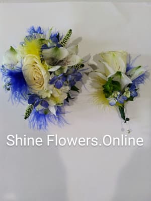 YELLOW N BLUE WRIST CORSAGE & BOUT SET Flower Bouquet