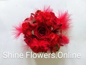 RED ROSE N FEATHERS WRIST CORSAGE Flower Bouquet