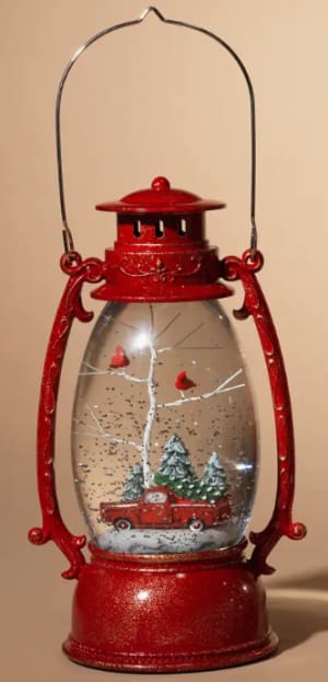 Classic Red Lantern - 9" Lighted Spinning Snow Globes Flower Bouquet